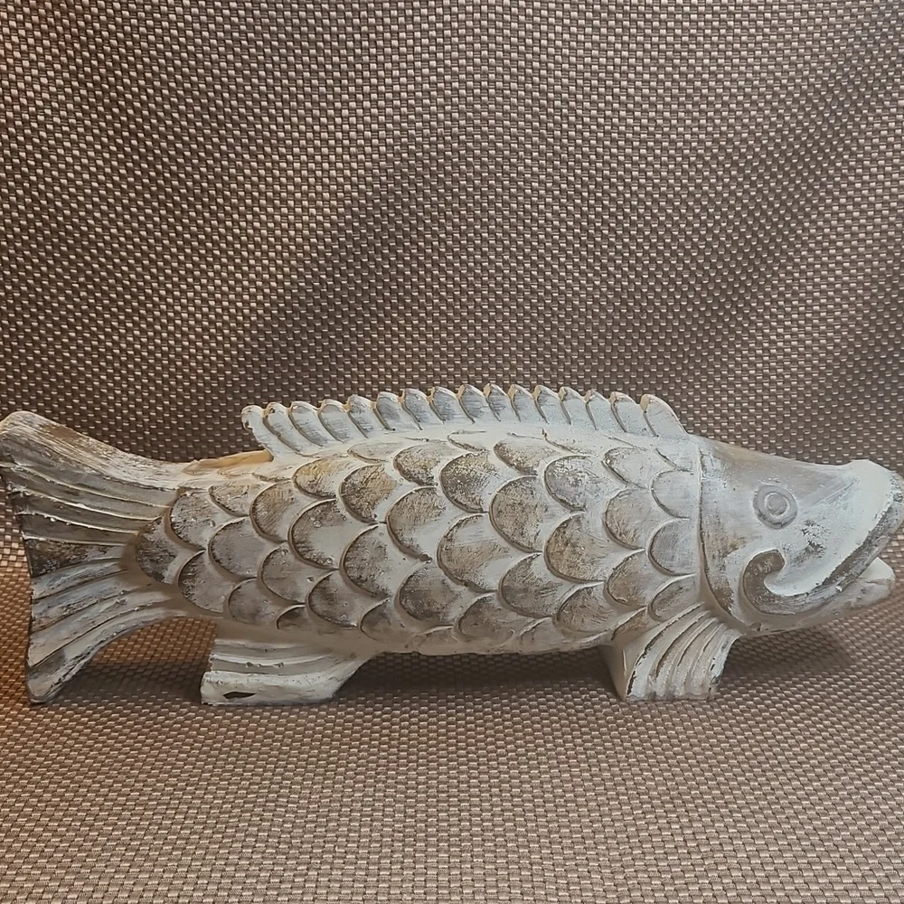 Antiqued White Fish Sculpture Large Decor Piece